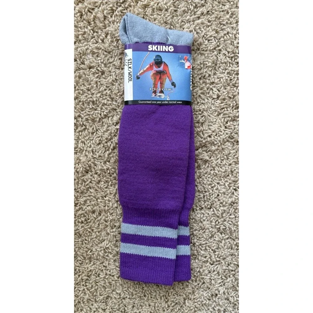 Vtg Ridgeview Silk Wool Blend Skiing Socks Purple Silver Size 8.5-11 USA  NEW!
